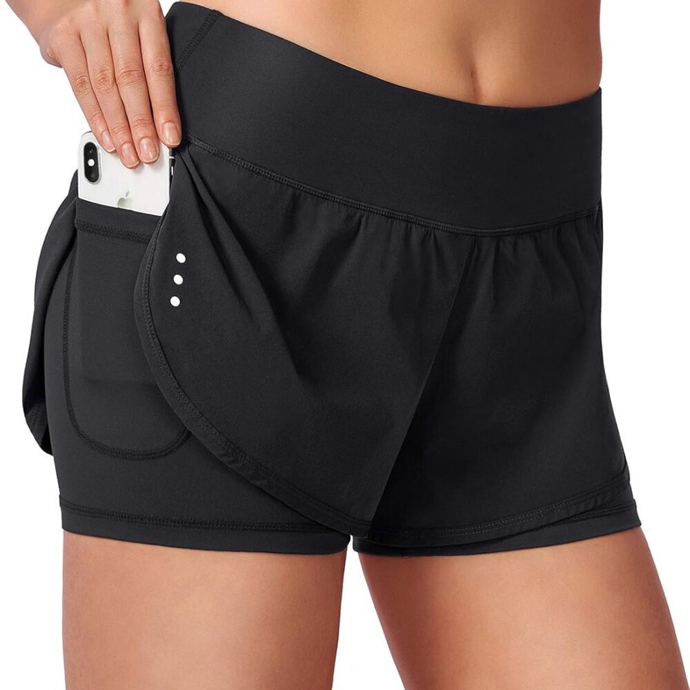 Women's 2 In 1 Running Shorts High Waisted Zipper Pocket Black